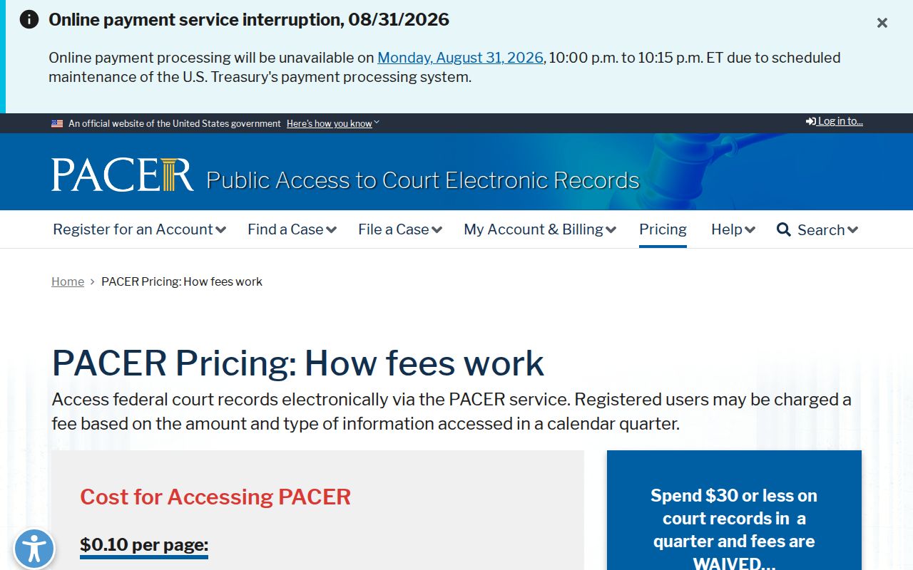 Jackson County case lookup PACER pricing for federal court records