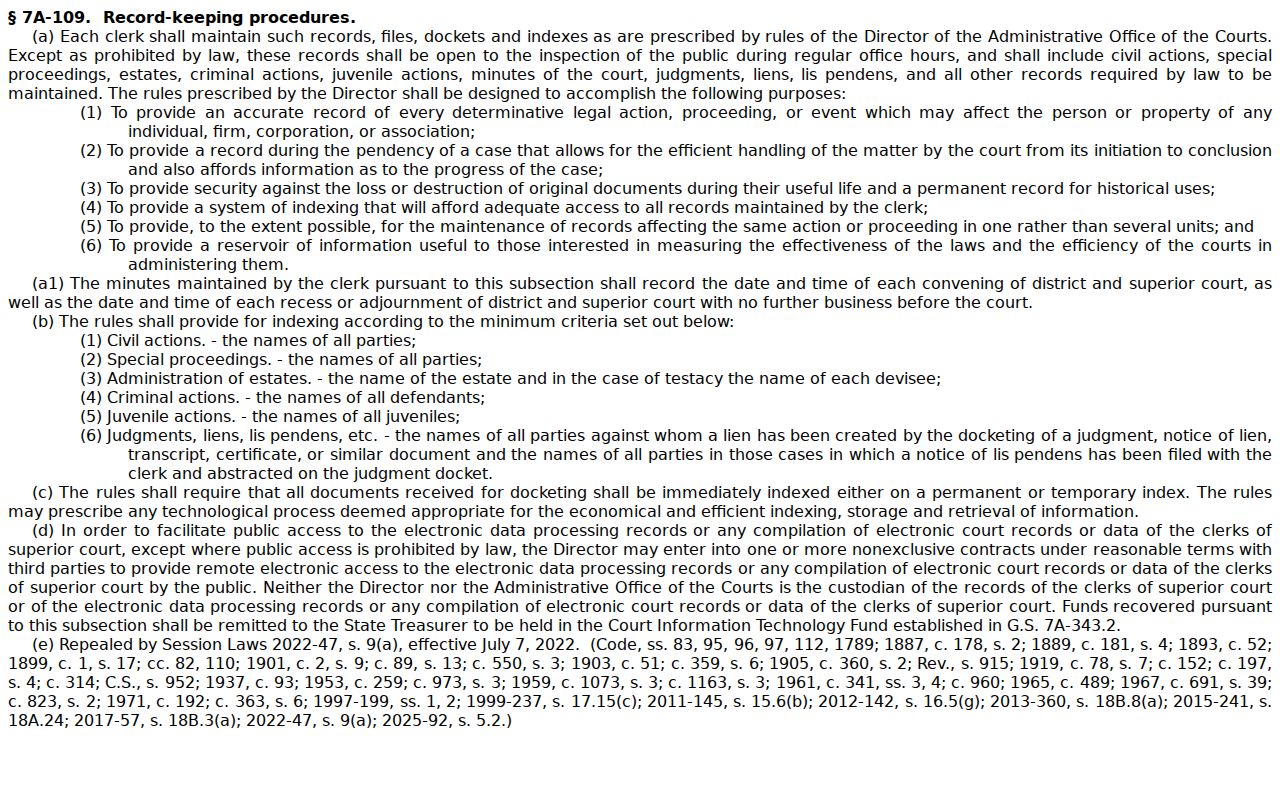 Jackson County court records G.S. 7A-109 clerk docket statute